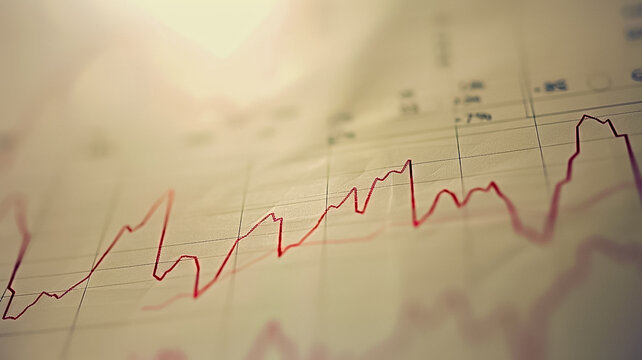 A dynamic stock market graph line ascends on a dark, blurred background, symbolizing financial growth and market analysis