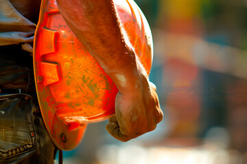 Close-Up of Worker's Hand Holding a Hard Hat