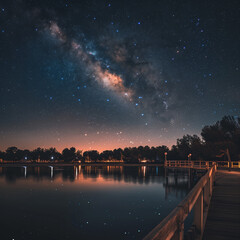 Starry Night Sky Over Tranquil Lake with Wooden Pier