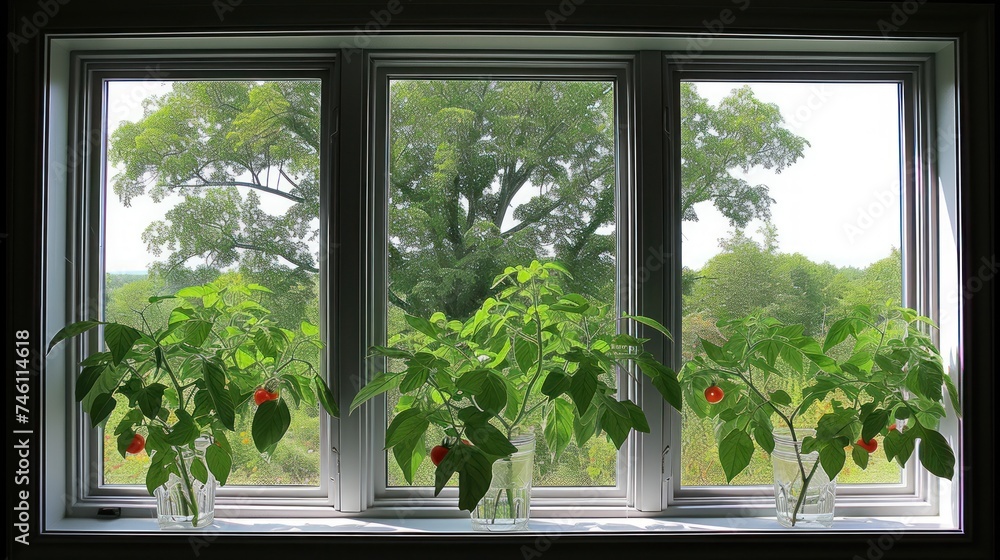 Poster a couple of vases filled with plants sitting on top of a window sill in front of a tree.