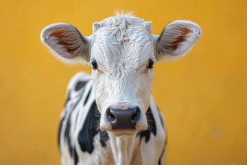 Close-up of a curious cow with striking black and white spots against a vibrant yellow background