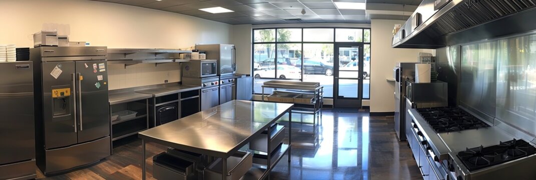 Commercial kitchen filled with stainless steel countertops and appliances