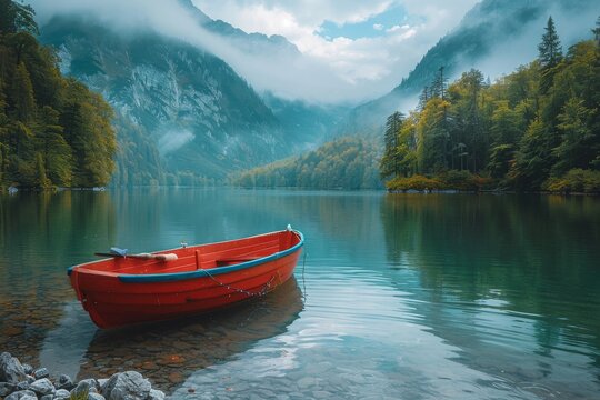 Serene image of a red boat floating on the still waters of a mountain lake surrounded by forested hills