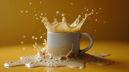 a coffee cup with a liquid splashing out of it on top of a yellow table with a yellow wall in the background.