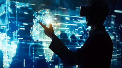 A person immersed in a virtual reality experience, using hand gestures to navigate through a complex data visualization interface (2)