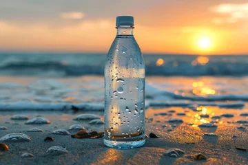 Foto op Plexiglas A refreshing water bottle glistens with droplets against the backdrop of a beach at sunset © svastix