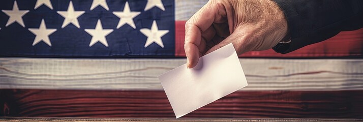 2024 election concept - American politics with hand holding blank card against American flag - obrazy, fototapety, plakaty
