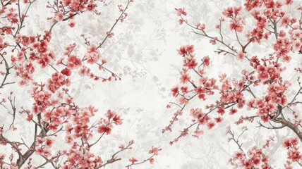 a cherry blossom oil painting spread across a white background, the delicate beauty of cherry blossoms, creating an enchanting and immersive visual experience. SEAMLESS PATTERN.