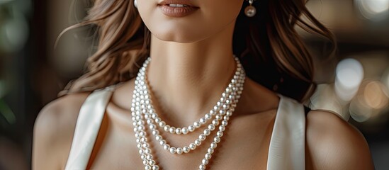 A woman is elegantly dressed in a white outfit, accessorized with a stunning necklace and matching earrings. The classic jewelry enhances her overall look, exuding timeless elegance and sophistication