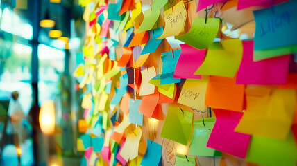 A vibrant collection of sticky notes on a wall, representing a brainstorming session, ideas, planning, and project management (1)