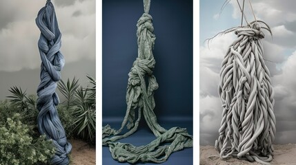 a series of three photographs of a rope wrapped around a plant, and a rope wrapped around a plant, and a rope wrapped around a rope wrapped around a plant.
