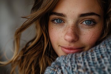 A young woman's detailed close-up with deep blue eyes, freckles, and a warm scarf wrapped around her face