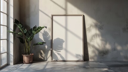 Empty frame mockup poster on modern wooden floor of the living room leaning on the white wall, empty space, sun shadows. Scandinavian style interior design. Generative ai
