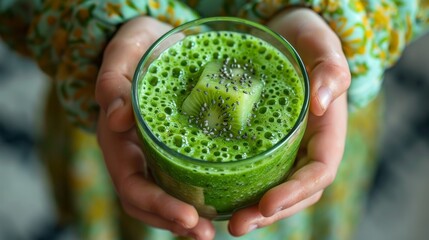 Fresh green avocado kiwi almond smoothie in children's hands on blurred natural background. Health, vitamins and  healthy lifestyle concept. Generative ai