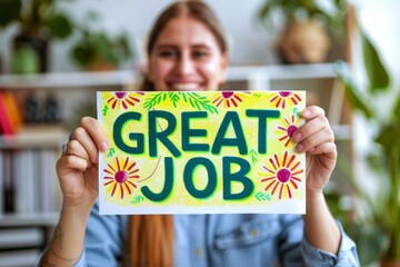 a woman is holding up a piece of paper containing the word GREAT JOB Generative AI - obrazy, fototapety, plakaty