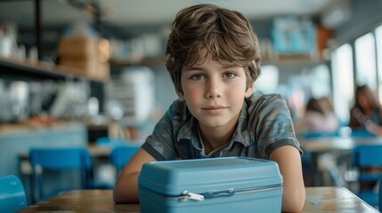 School boy eating healthy food from packed lunch box. Kids at table in cafeteria. Pupils have vegetarian breakfast in canteen. Back to school concept. Generative ai