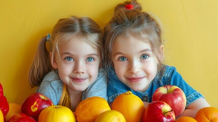 Fototapeta na wymiar Smiling little girls eating fresh fruits. Concept of proper and healthy nutrition for schoolchildren. Healthy eating at school and home. Generative ai