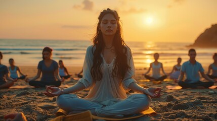 Young woman yoga instructor sits on beach in front of her students in the lotus position, in background sea and sun. Group meditating at beach yoga retreat during sunset. Generative ai - obrazy, fototapety, plakaty