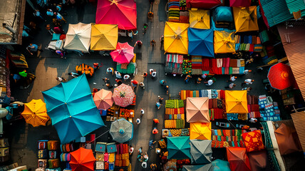 An aerial view of a vibrant night market bustling with activity under a canopy of brightly colored umbrellas, illuminated by glowing lights (3) - obrazy, fototapety, plakaty