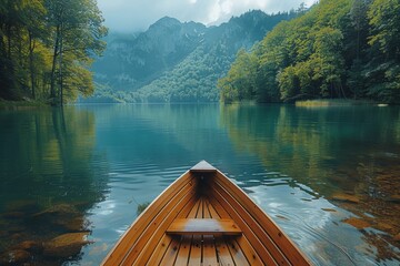 A serene view of a wooden canoe floating on a calm mountain lake surrounded by lush greenery