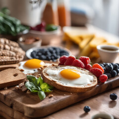 Closeup photo of a nutritious breakfast on a wooden board resting on a kitchen counter with fresh ingredients visible in the background.