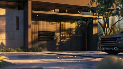 a modern-style garage door set against an urban landscape, featuring a driveway, with a striking color scheme of dark black and bronze, accentuated by thin steel forms.