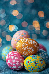 Obraz premium Colorful painted easter eggs on a blurred background.