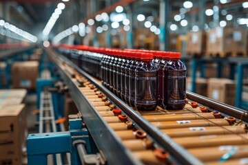 A bottling factory production line with rows of dark soda bottles on a conveyor belt, showcasing manufacturing processes - obrazy, fototapety, plakaty