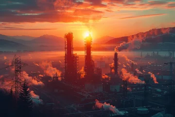 Gordijnen Breathtaking industrial landscape at sunset with smoking chimneys and a dramatic sky © svastix