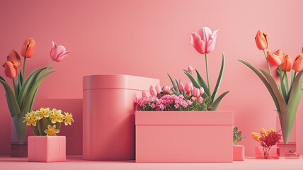 pink gift boxes, with one box open to reveal a collection of decorative festive objects, including vibrant flowers like tulips spilling out. - obrazy, fototapety, plakaty
