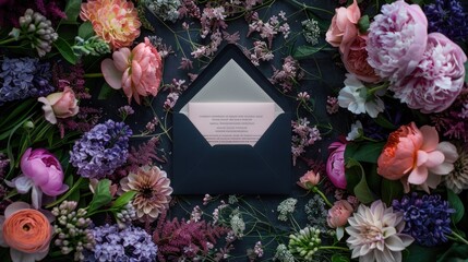 a square wedding invitation crafted from thick paper, delicately resting atop an envelope, a lavish arrangement of wildflowers, lilacs, carnations, peonies, and ranunculus.