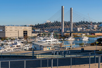Tacoma Washington waterfront marina and bridge.