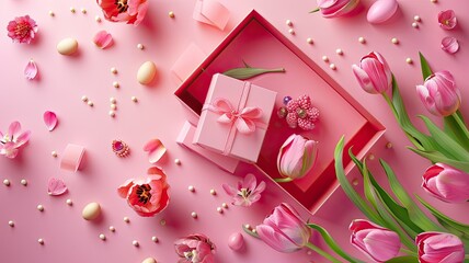 pink gift boxes, with one box open to reveal a collection of decorative festive objects, including vibrant flowers like tulips spilling out.