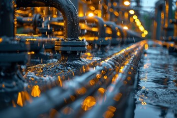Close-up of industrial pipes with shimmering water droplets, illuminated by golden lights that evoke a sense of energy
