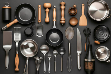 Professional Chef's Essential Tools: High-Quality Kitchenware Assortment on Black