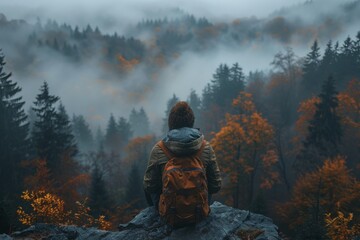 A contemplative person stands looking out over a foggy, autumn-colored forest from a high vantage point