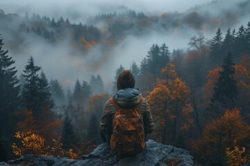 Fototapeta premium A contemplative person stands looking out over a foggy, autumn-colored forest from a high vantage point