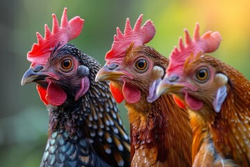 Striking close-up of four chickens with bright red combs and detailed feathers against a blurred background