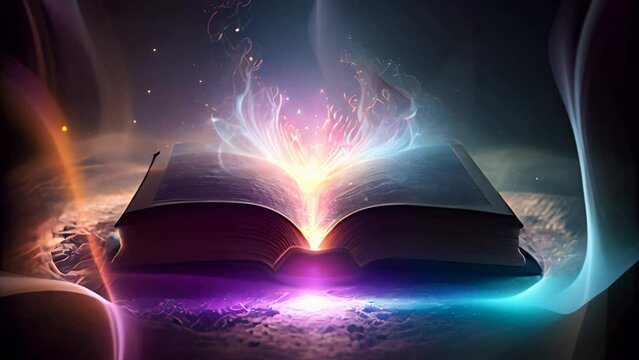 ancient magic book with spiritual energy flowing. Bible.An ancient book that opens with magic, the magic light in the darkness on the wooden table, by the bright light shining down as the power to