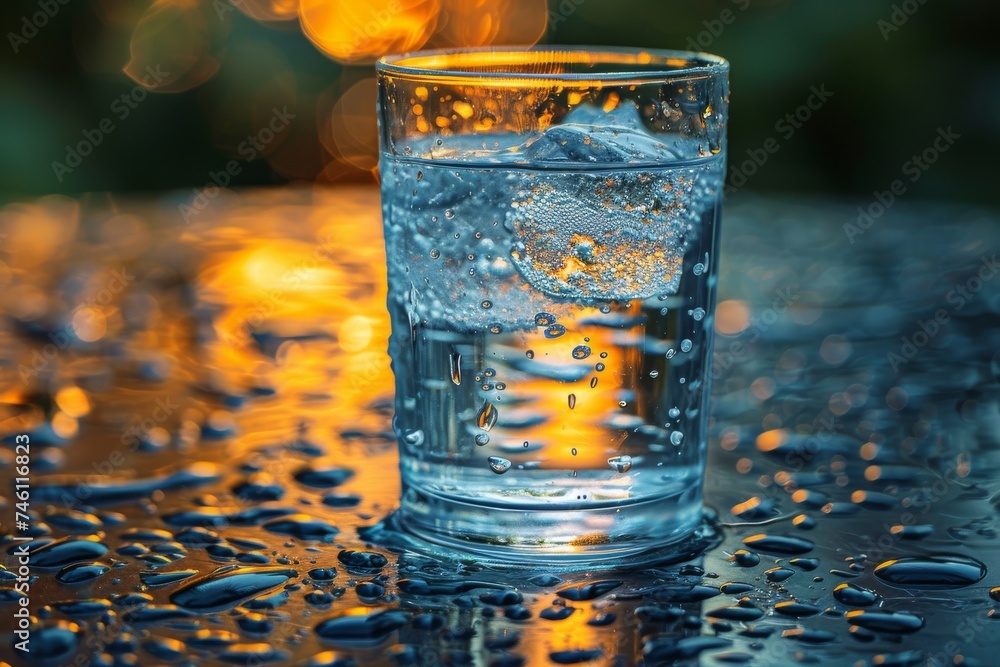 Poster the refreshing image of a clear glass of water on a reflective surface surrounded by droplets and a 