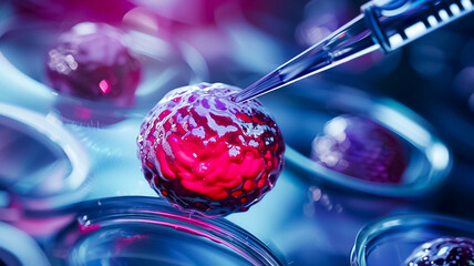In a biotechnology laboratory setting, a pipette dispenses a vital fluid into a cluster of cells, representing advanced research and cellular experiments (2)