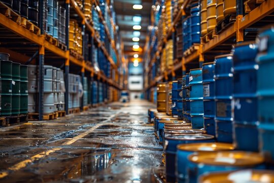 The industrial expanse of a warehouse with neatly organized shelves full of goods represents order and efficiency