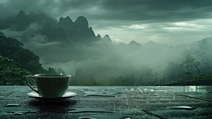 a wet coffee cup placed against a backdrop inspired by nature's wonder, reminiscent of the picturesque landscapes seen. - obrazy, fototapety, plakaty