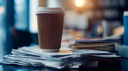 The image captures a busy work environment with a coffee mug in focus, surrounded by piles of documents, suggesting a long working session or late hours (1) - obrazy, fototapety, plakaty