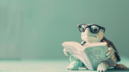 A whimsical figurine of a turtle with glasses deeply engrossed in reading an open book with blurred background - obrazy, fototapety, plakaty