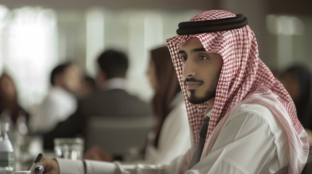 a conference room in Saudi Arabia featuring young employees from the country engaged in communication, highlighting their professional interactions.