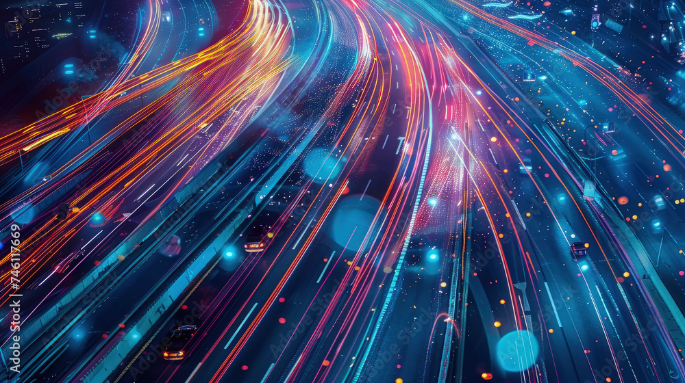 Poster a city street illuminated by streetlights with a large volume of vehicles moving in different direct