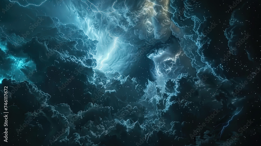 Poster abstract view of dark night sky adorned with a blanket of swirling clouds and twinkling stars, creat