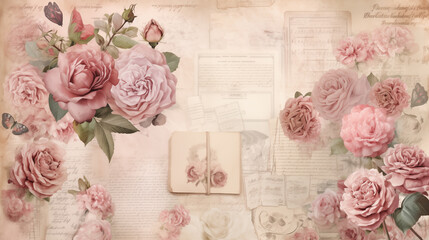 Muted pink vintage retro scrapbooking paper background with retro flower bouquets.
