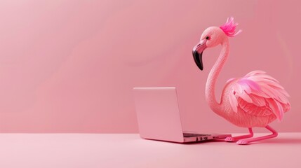 A digital illustration of a pink flamingo standing by a white laptop in a monochromatic pink setting, showcasing a blend of nature and technology